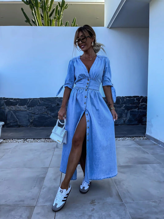 Robe longue Riviera style denim boutonnée OnFleek