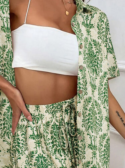 Ensemble NORA coloris vert imprimé floral chemise et short coordonnés femme