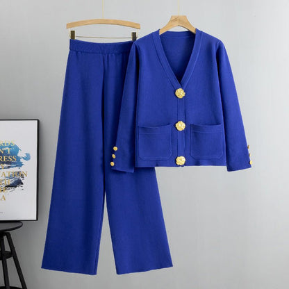 Ensemble HÉRITAGE | Cardigan Maille à Boutons Dorés & Pantalon Large
