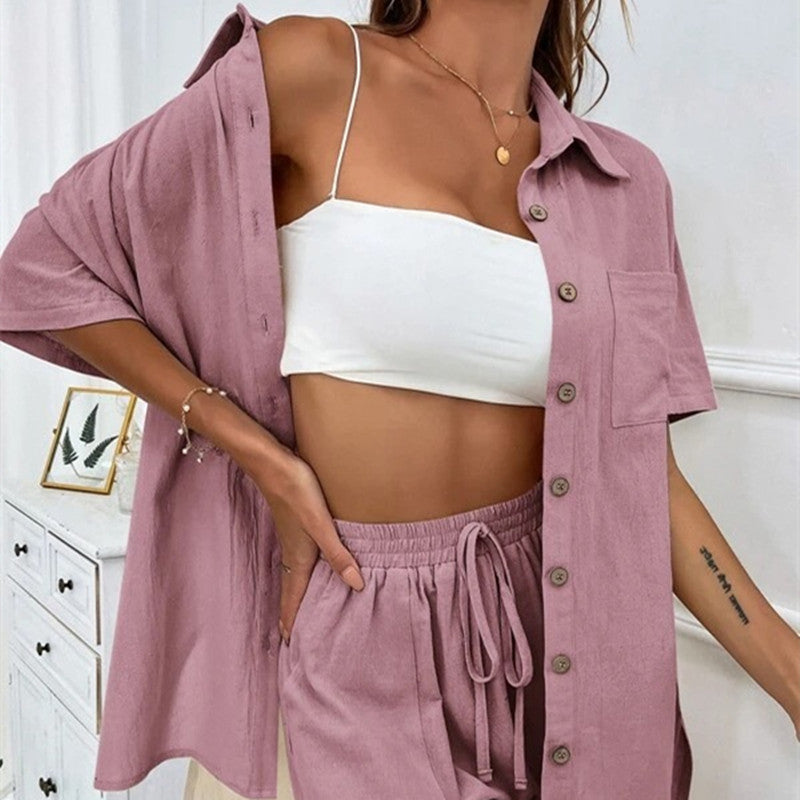 Ensemble NORA short et chemise 2 pièces femme coloris orange porté en extérieur
