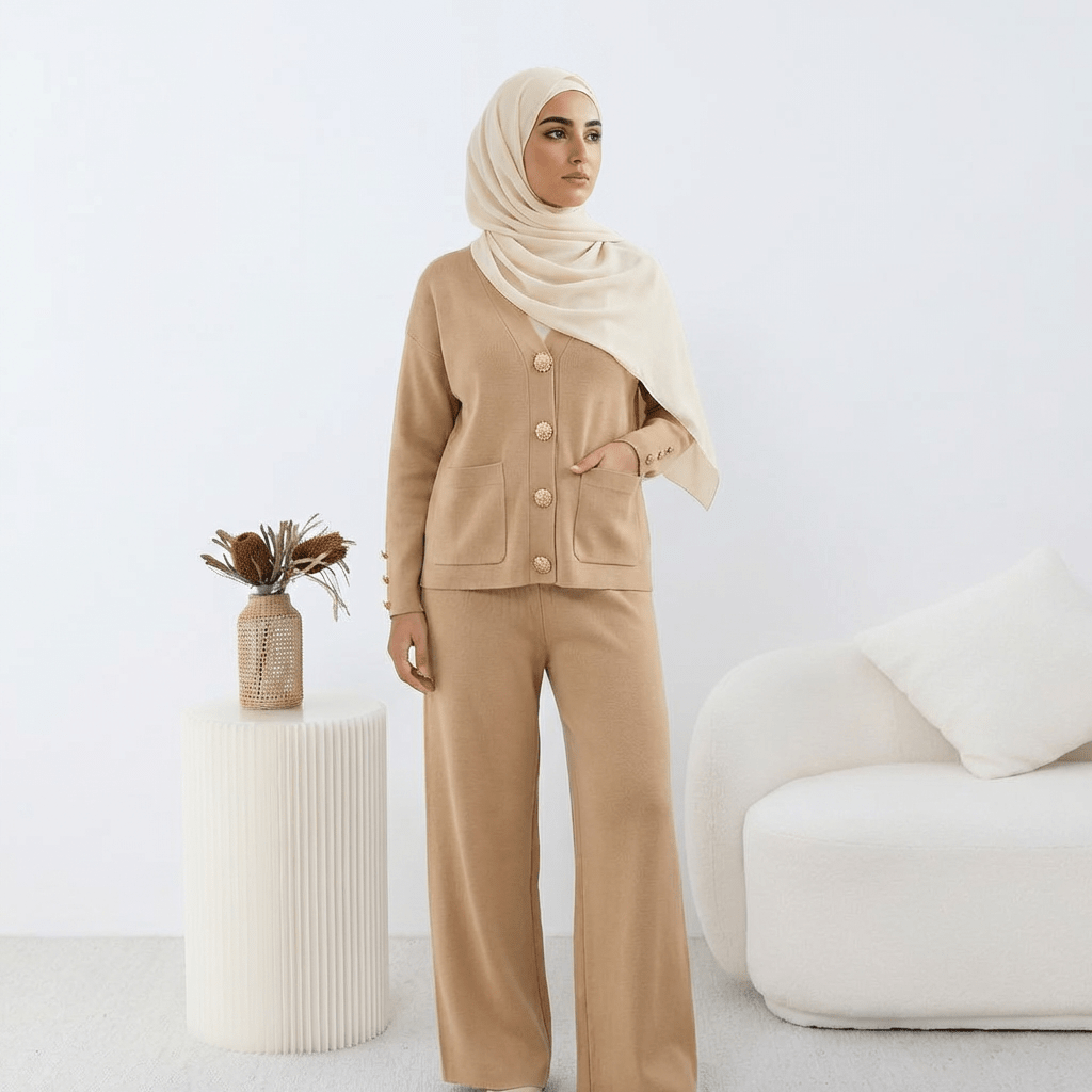 Ensemble HÉRITAGE | Cardigan Maille à Boutons Dorés & Pantalon Large