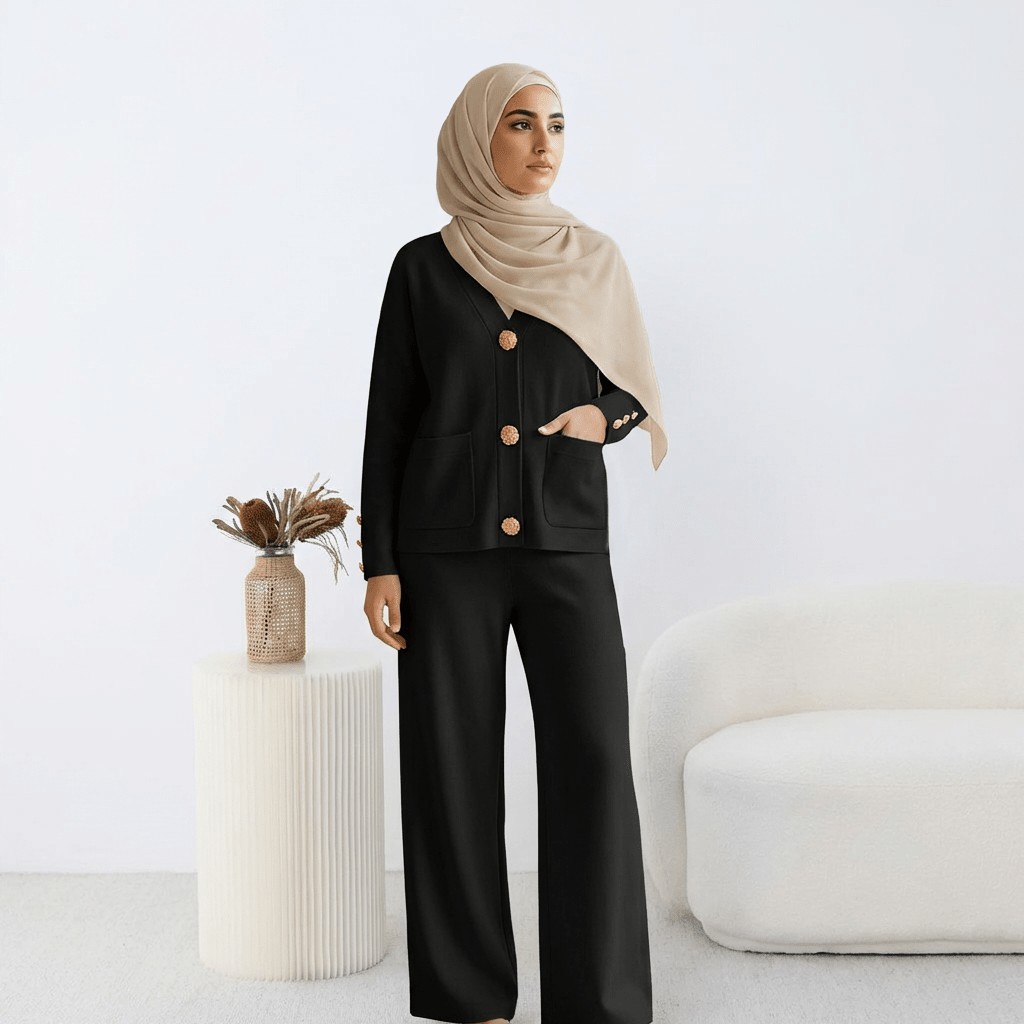 Ensemble HÉRITAGE | Cardigan Maille à Boutons Dorés & Pantalon Large