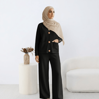 Ensemble HÉRITAGE | Cardigan Maille à Boutons Dorés & Pantalon Large