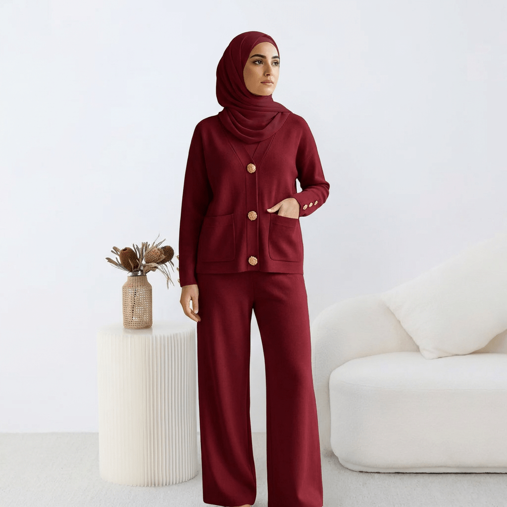Ensemble HÉRITAGE | Cardigan Maille à Boutons Dorés & Pantalon Large