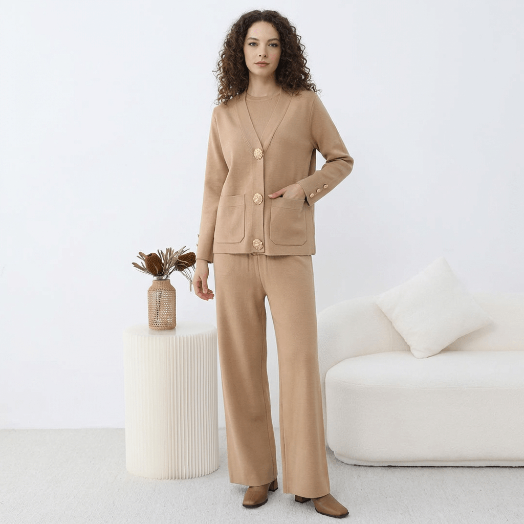Ensemble HÉRITAGE | Cardigan Maille à Boutons Dorés & Pantalon Large