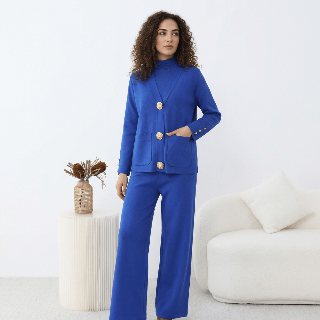 Ensemble HÉRITAGE | Cardigan Maille à Boutons Dorés & Pantalon Large