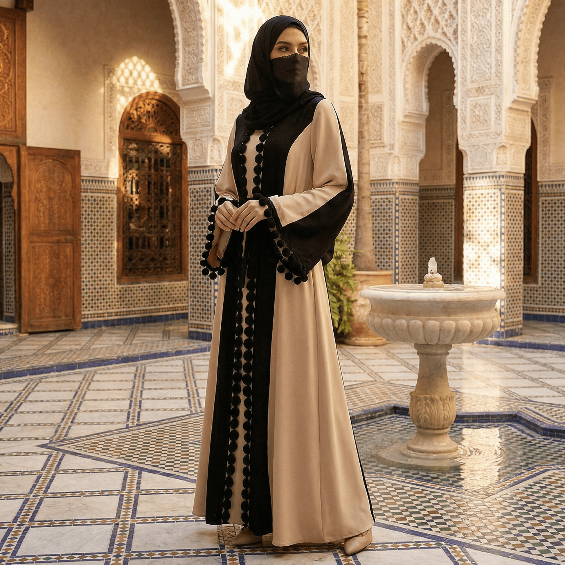 Abaya Syra OnFleek - détail broderie pompons fait main