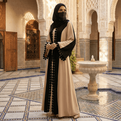 Abaya Syra OnFleek - détail broderie pompons fait main