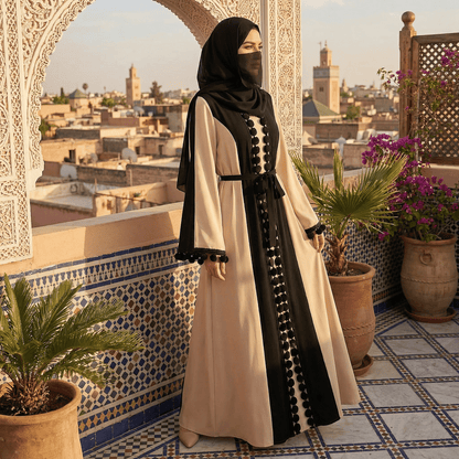 Abaya SYRA | Édition Artisanale Bicolore Beige & Noir à Pompons | OnFleek