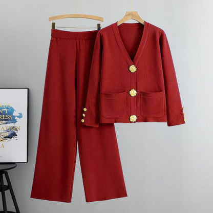 Ensemble HÉRITAGE | Cardigan Maille à Boutons Dorés & Pantalon Large